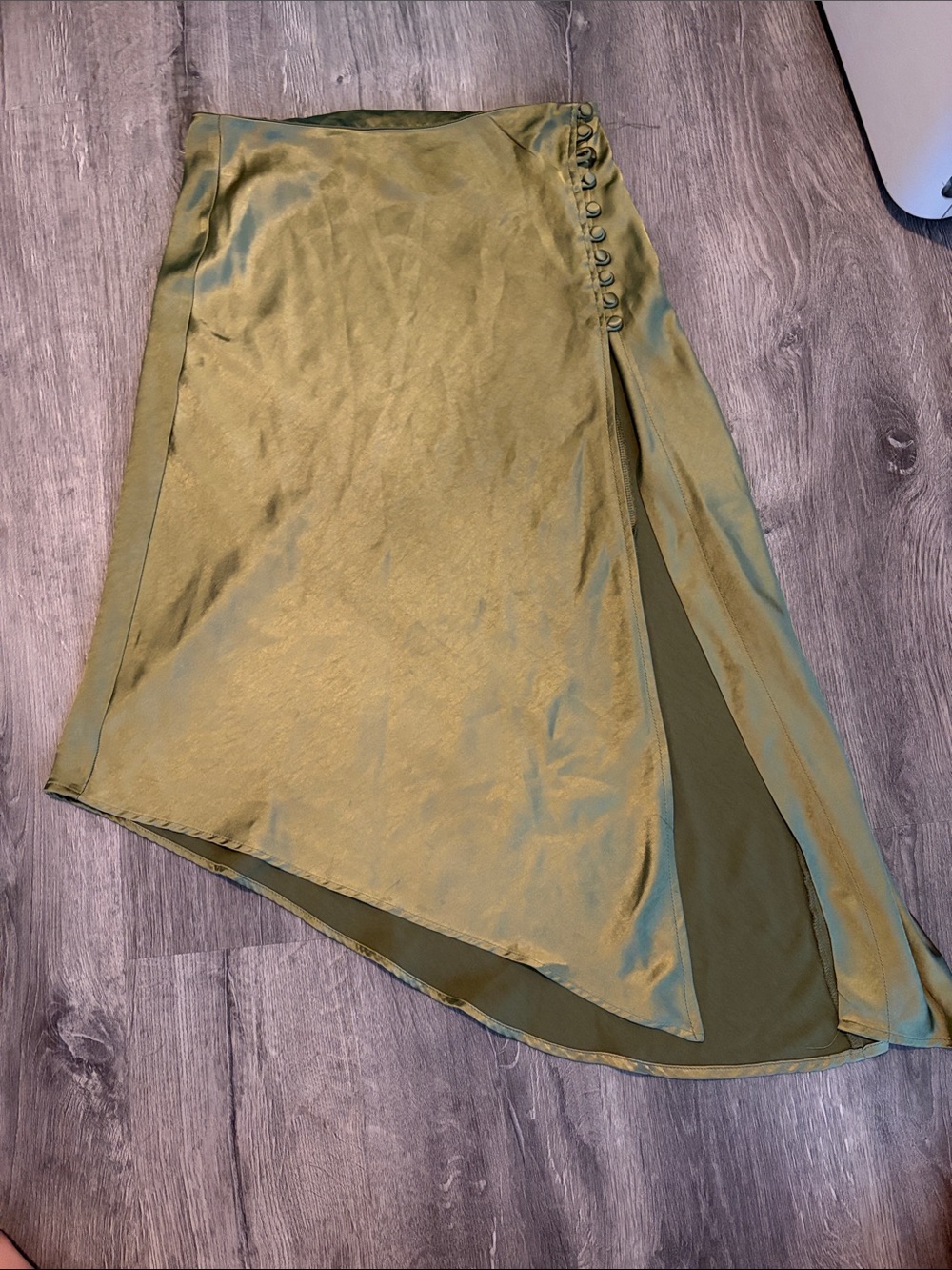 Olive Green Asymmetrical Satin Wrap Skirt